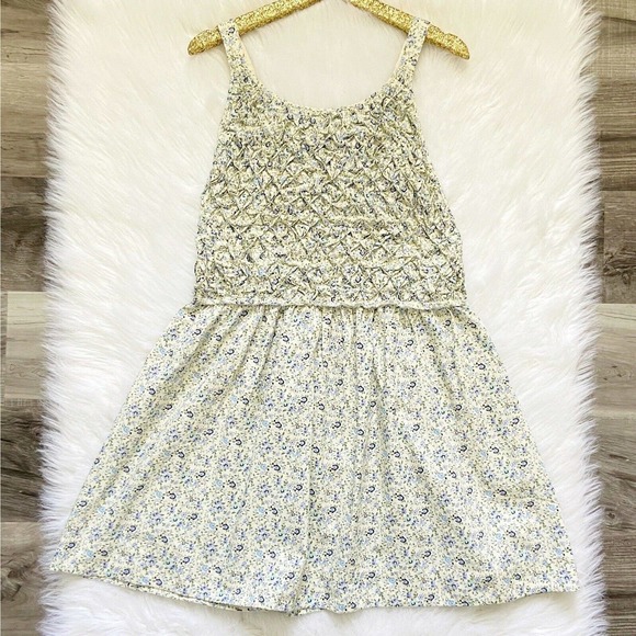 Free People Petunia Mini Dress Tea Combo Ivory Blue Floral Smocked XL New $128 - Picture 2 of 12